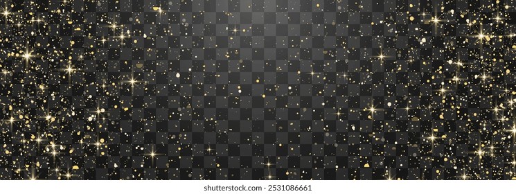 Efecto de brillo de partículas de oro brillante sobre fondo transparente. Efecto y textura de partículas de brillo de oro de Vector. Partículas de color ámbar Stardust sobre fondo png. Explosión dorada de confeti