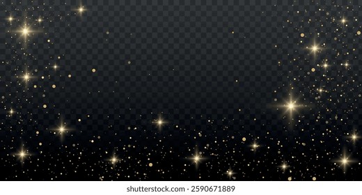 Glitter gold particles shine effect on transparent background. Vector gold glitter particles effect and texture. Stardust amber particles color on png background. Golden explosion of confetti