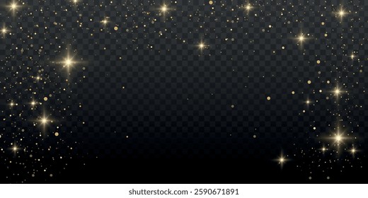 Glitter gold particles shine effect on transparent background. Vector gold glitter particles effect and texture. Stardust amber particles color on png background. Golden explosion of confetti