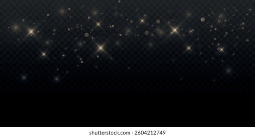 Glitter gold particles shine effect on transparent background. Vector gold glitter particles effect and texture. Stardust amber particles color on png background. Golden explosion of confetti