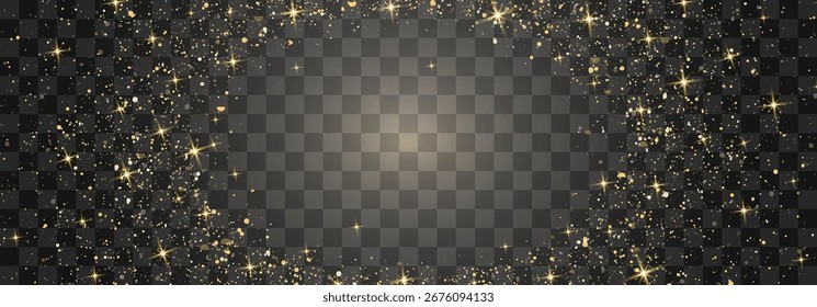 Glitter gold particles shine effect on transparent background. Vector gold glitter particles effect and texture. Stardust amber particles color on png background. Golden explosion of confetti