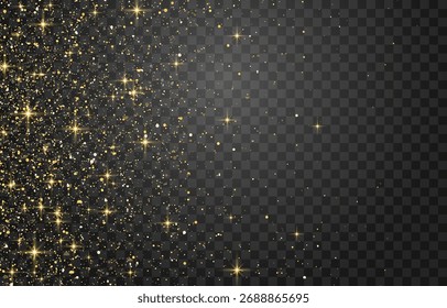 Efecto de brillo de partículas de oro brillante sobre fondo png. Efecto y textura de partículas de brillo de oro de Vector. Partículas de color ámbar Stardust sobre fondo transparente. Explosión dorada de confeti.