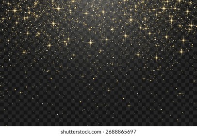 Glitter gold particles shine effect on png background. Vector gold glitter particles effect and texture. Stardust amber particles color on transparent background. Golden explosion of confetti.