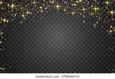 Efecto de brillo de partículas de oro brillante sobre fondo png. Efecto y textura de partículas de brillo de oro de Vector. Partículas de color ámbar Stardust sobre fondo transparente. Explosión dorada de confeti.