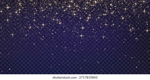 Glitzerne Goldpartikel glänzen auf png Hintergrund. Vektorgold Glitter Partikel Effekt und Textur. Bernsteinfarbene Stardust-Partikel auf transparentem Hintergrund. Goldene Konfettiexplosion.