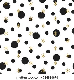 Glitter gold polka dot Christmas New Year seamless pattern with snowflakes. Paint brush circle black and white background. Golden snowflakes. Vector illustration. Hipster trendy wrapping gift paper