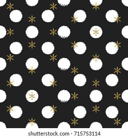 Glitter gold polka dot Christmas New Year seamless pattern with snowflakes. Paint brush circle black and white background. Golden snowflakes. Vector illustration. Hipster trendy wrapping gift paper