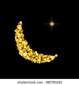Glitter gold Silhouette of moon Crescent and Star. Great Islamic Muslim Symbols for Muslim holiday Mawlid birthday of prophet Muhammad, Ramadan Kareem, Eid Mubarak, Newroz, Laylat, Ashura