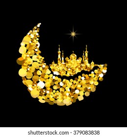 Glitter gold Silhouette of mosque with minarets on moon Crescent. Concept for Islamic  Muslim holidays Mawlid birthday prophet Muhammad, holy month Ramadan Kareem, Eid Mubarak, Fatima bint Muhammad