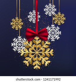 Glitter gold and silver snowflakes, Merry Christmas Happy New Year design, vector illustration
