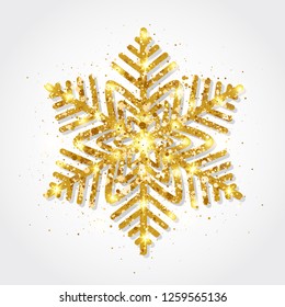 Glitter gold snowflake on white background. Glowing golden snowflakes with glitter texture. Snowflake with star dust. Luxury festive greeting card. Christmas design element. Vector illustration.
