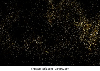 Glitter gold sparkle particle dust confetti vector on abstract black background. Golden shine shimmer texture spray splash scattered celebration luxury elegant design illustration