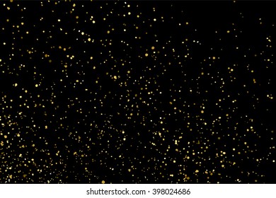 Glitter gold sparkle particle dust confetti vector on abstract black background. Golden shine shimmer texture spray splash scattered celebration luxury elegant design illustration