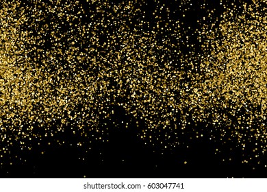 Glitter gold sparkle particle dust confetti vector on abstract black background. Golden shine shimmer texture spray splash scattered celebration luxury elegant design illustration