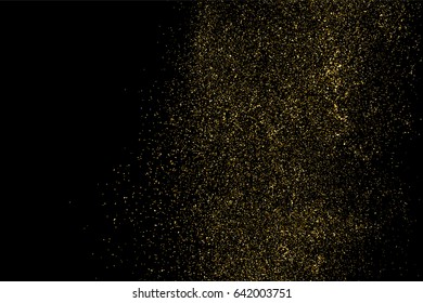Glitter gold sparkle particle dust confetti vector on abstract black background. Golden shine shimmer texture spray splash scattered celebration luxury elegant design illustration