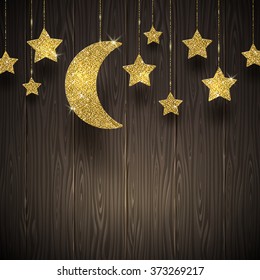 Glitter Gold Stars And Moon On A Wooden Texture Background - Vector Illustration