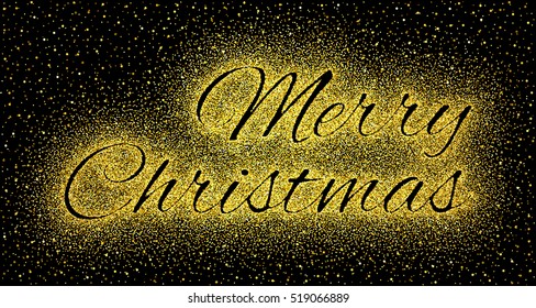 Glitter gold textured calligraphic inscription Merry Christmas of golden sprinkled confetti. Lettering design element for banner, greeting card, invitation, postcard, flyers. Vector illustration