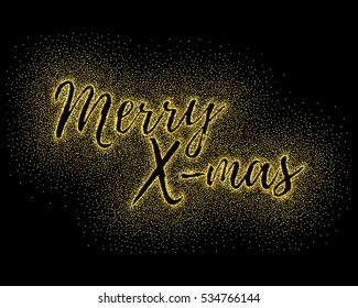 Glitter gold textured calligraphic inscription Merry X-mas of golden sprinkled confetti. Lettering design element for banner, greeting card, invitation, postcard, flyers. Vector illustration