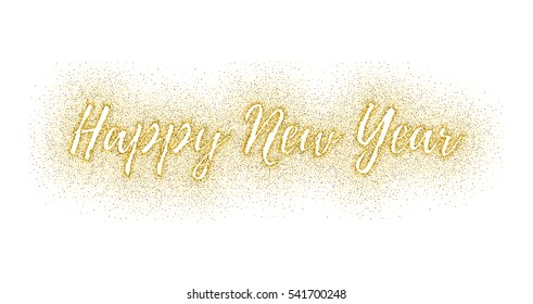 Glitter gold textured calligraphic inscription Happy New Year of golden sprinkled confetti. Lettering design element for banner, greeting card, invitation, postcard, flyers. Vector illustration.