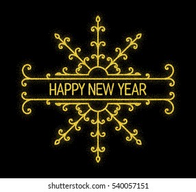 Glitter gold textured inscription Happy New Year of golden sprinkled confetti in retro border. Vintage design element for banner, greeting card, invitation, postcard, flyers. Vector illustration.