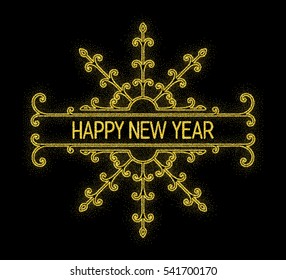 Glitter gold textured inscription Happy New Year of golden sprinkled confetti in retro border. Vintage design element for banner, greeting card, invitation, postcard, flyers. Vector illustration.