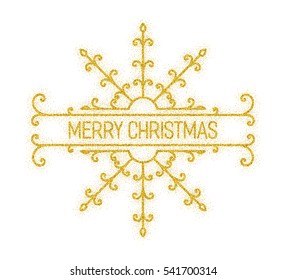 Glitter gold textured inscription Merry Christmas of golden sprinkled confetti in retro border. Vintage design element for banner, greeting card, invitation, postcard, flyers. Vector illustration.