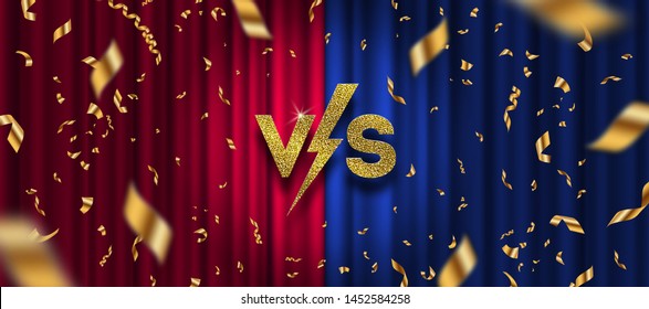 Glitter Gold Versus Logo, Golden Confetti On Red And Blue Curtain Background. VS Logo For Games, Battle, Performance, Show, Match, Sports Or Fight Competition, Game Concept Of Rivalry. VS. Vector Illu