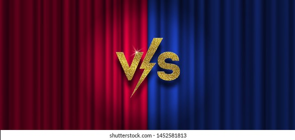 Glitter gold versus logo on red and blue curtain background. VS logo for games, battle, performance, show, match, sports or fight competition, Game concept of rivalry. VS. Vector illustration