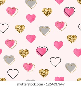 Glitter gold and watercolor pink hearts seamless pattern. Valentines Day background. Bright doodle heart confetti. Romantic wallpaper design with symbol of love. Vector illustration.