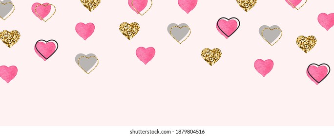 Glitter gold and watercolor pink hearts border. Valentines Day background. Bright doodle heart confetti. Romantic wallpaper design with symbol of love. Celebration frame. Vector illustration.