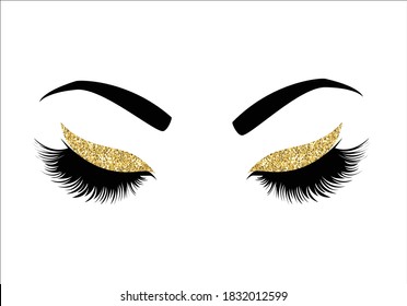 glitter golden Hand-drawn woman's sexy luxurious eye with perfectly shaped eyebrows and full lashes. Idea for business visit card, typography vector. Perfect salon look.