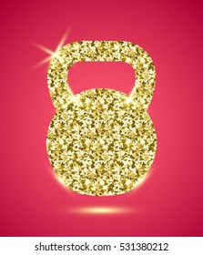 Glitter Golden Kettlebell. Vector object for glamour design, pink backdrop