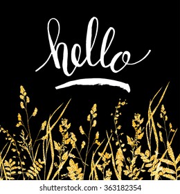 Glitter golden leaves card with hello hand lettering. Vector illustration for your design