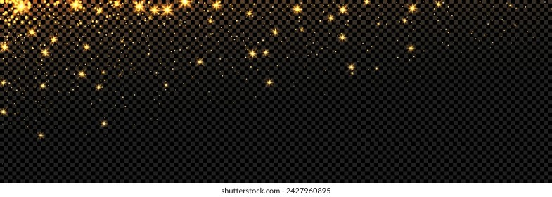 Glitter golden light corner border. Magic gold sparkles. Stars and dust background. Shine shimmer overlay effect ont transparent background