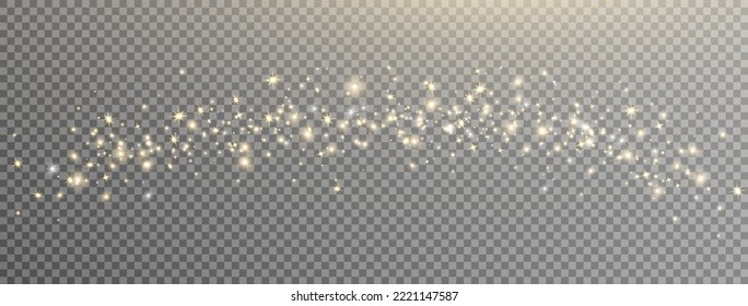 Glitter golden light and stars. Christmas Holiday glow particle. Magic star effect. Sparkle gold bokeh. Shine luxury background. Festive party design. Twinkle flash. Fairy bulb. Vector illustration.