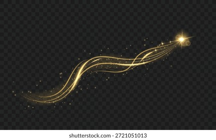Brillo, senderos de luz dorada, onda de flujo, cuerda brillante con destellos brillantes y radiantes, haz, curva, dinámico, mágico, lujoso efecto de movimiento abstracto. la decoración estalla en una composición festiva de PNG