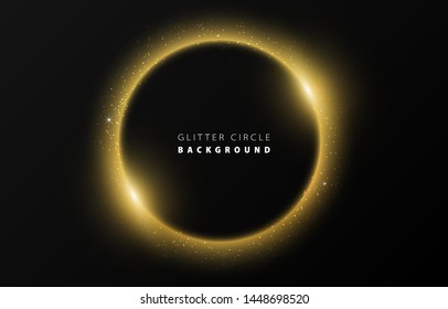 Glitter golden neon circle ring frame & sparkle flash light star shimmer vector on black background, shiny glowing metal gold yellow round line planet curve, futuristic web poster card print template
