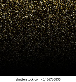 Glitter golden on black background. Gold glitter circle, round and diamond particles. Template with glitter for logo, greetind card, certificate, gift voucher and covers.
