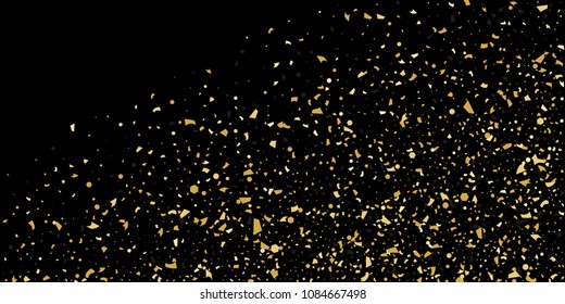 Glitter of golden particles of confetti on a black background. Illustration of chaotically falling shiny particles. Decorative element. Luxury background for your design, cards, invitations, gift, vip