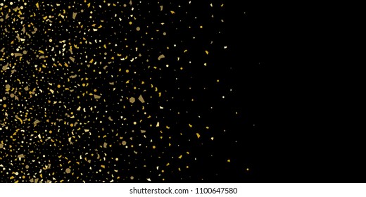 Glitter of golden particles of confetti on a black background. Illustration of chaotically falling shiny particles. Decorative element. Luxury background for your design, cards, invitations, gift, vip