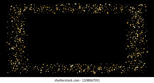 Glitter of golden particles of confetti on a black background. Illustration of chaotically falling shiny particles. Decorative element. Luxury background for your design, cards, invitations, gift, vip