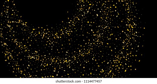 Glitter of golden particles of confetti on a black background. Illustration of chaotically falling shiny particles. Decorative element. Luxury background for your design, cards, invitations, gift, vip