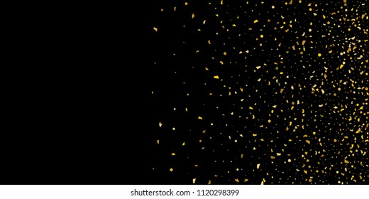 Glitter of golden particles of confetti on a black background. Illustration of chaotically falling shiny particles. Decorative element. Luxury background for your design, cards, invitations, gift, vip