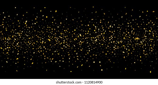 Glitter of golden particles of confetti on a black background. Illustration of chaotically falling shiny particles. Decorative element. Luxury background for your design, cards, invitations, gift, vip
