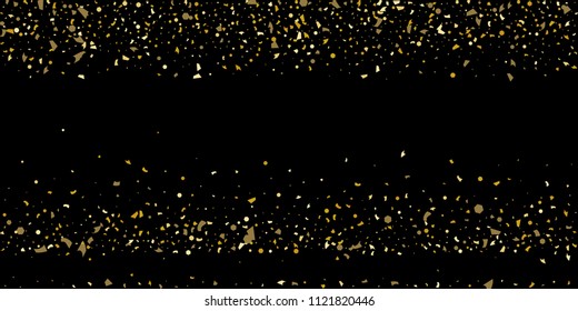 Glitter of golden particles of confetti on a black background. Illustration of chaotically falling shiny particles. Decorative element. Luxury background for your design, cards, invitations, gift, vip