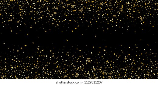 Glitter of golden particles of confetti on a black background. Illustration of chaotically falling shiny particles. Decorative element. Luxury background for your design, cards, invitations, gift, vip