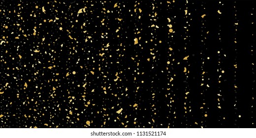 Glitter of golden particles of confetti on a black background. Illustration of chaotically falling shiny particles. Decorative element. Luxury background for your design, cards, invitations, gift, vip