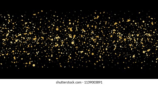 Glitter of golden particles of confetti on a black background. Illustration of chaotically falling shiny particles. Decorative element. Luxury background for your design, cards, invitations, gift, vip