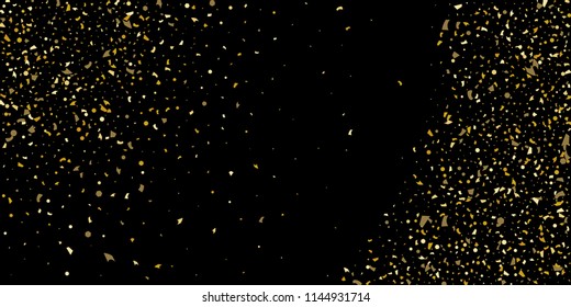 Glitter of golden particles of confetti on a black background. Illustration of chaotically falling shiny particles. Decorative element. Luxury background for your design, cards, invitations, gift, vip
