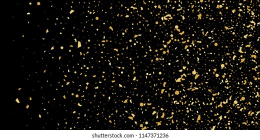 Glitter of golden particles of confetti on a black background. Illustration of chaotically falling shiny particles. Decorative element. Luxury background for your design, cards, invitations, gift, vip